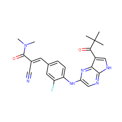 CN(C)C(=O)/C(C#N)=C/c1ccc(Nc2cnc3[nH]cc(C(=O)C(C)(C)C)c3n2)c(F)c1 ZINC000205471422