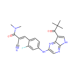 CN(C)C(=O)/C(C#N)=C/c1ccc(Nc2cnc3[nH]cc(C(=O)C(C)(C)C)c3n2)cc1F ZINC000148926296