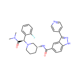 CN(C)C(=O)[C@@H](c1ccccc1F)N1CCC[C@@H](NC(=O)c2ccc3[nH]nc(-c4ccncc4)c3c2)C1 ZINC000199805514