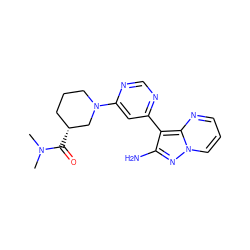 CN(C)C(=O)[C@@H]1CCCN(c2cc(-c3c(N)nn4cccnc34)ncn2)C1 ZINC000045261381