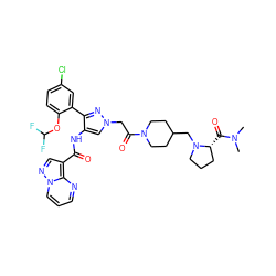 CN(C)C(=O)[C@@H]1CCCN1CC1CCN(C(=O)Cn2cc(NC(=O)c3cnn4cccnc34)c(-c3cc(Cl)ccc3OC(F)F)n2)CC1 ZINC001772606065