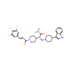 CN(C)C(=O)[C@H](NC1CCC(c2c[nH]c3ccccc23)CC1)C1CCN(C(=O)/C=C/c2cc(F)c(F)c(F)c2)CC1 ZINC000073196353