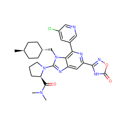CN(C)C(=O)[C@H]1CCCN1c1nc2cc(-c3noc(=O)[nH]3)nc(-c3cncc(Cl)c3)c2n1C[C@H]1CC[C@H](C)CC1 ZINC000261099405