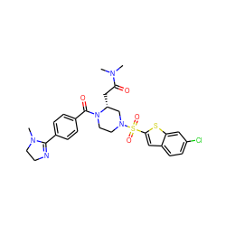 CN(C)C(=O)C[C@@H]1CN(S(=O)(=O)c2cc3ccc(Cl)cc3s2)CCN1C(=O)c1ccc(C2=NCCN2C)cc1 ZINC000026179939