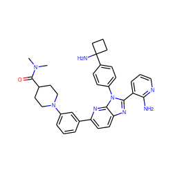 CN(C)C(=O)C1CCN(c2cccc(-c3ccc4nc(-c5cccnc5N)n(-c5ccc(C6(N)CCC6)cc5)c4n3)c2)CC1 ZINC000169697639
