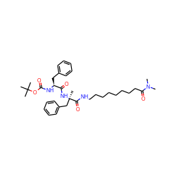 CN(C)C(=O)CCCCCCCCNC(=O)[C@@](C)(Cc1ccccc1)NC(=O)[C@H](Cc1ccccc1)NC(=O)OC(C)(C)C ZINC000029408349