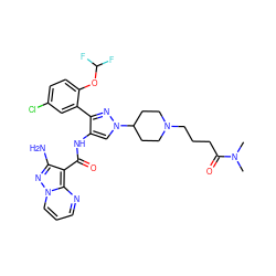 CN(C)C(=O)CCCN1CCC(n2cc(NC(=O)c3c(N)nn4cccnc34)c(-c3cc(Cl)ccc3OC(F)F)n2)CC1 ZINC001772642285