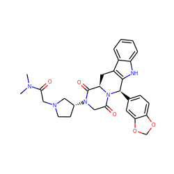 CN(C)C(=O)CN1CC[C@@H](N2CC(=O)N3[C@H](Cc4c([nH]c5ccccc45)[C@H]3c3ccc4c(c3)OCO4)C2=O)C1 ZINC000084635148