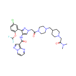 CN(C)C(=O)CN1CCC(CN2CCN(C(=O)Cn3cc(NC(=O)c4cnn5cccnc45)c(-c4cc(Cl)ccc4OC(F)F)n3)CC2)CC1 ZINC001772617966