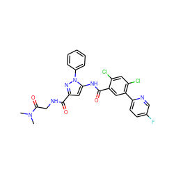 CN(C)C(=O)CNC(=O)c1cc(NC(=O)c2cc(-c3ccc(F)cn3)c(Cl)cc2Cl)n(-c2ccccc2)n1 ZINC001772623257