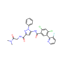 CN(C)C(=O)CNC(=O)c1cc(NC(=O)c2cc(-c3ncccc3F)c(Cl)cc2Cl)n(-c2ccccc2)n1 ZINC001772633618