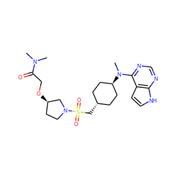 CN(C)C(=O)CO[C@@H]1CCN(S(=O)(=O)C[C@H]2CC[C@H](N(C)c3ncnc4[nH]ccc34)CC2)C1 ZINC000261081761