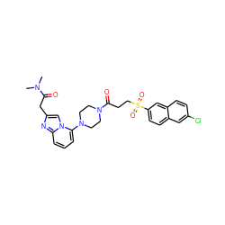 CN(C)C(=O)Cc1cn2c(N3CCN(C(=O)CCS(=O)(=O)c4ccc5cc(Cl)ccc5c4)CC3)cccc2n1 ZINC000029056438