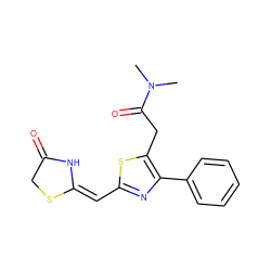 CN(C)C(=O)Cc1sc(/C=C2\NC(=O)CS2)nc1-c1ccccc1 ZINC000095601493