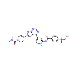 CN(C)C(=O)N1CC=C(c2cc3c(-c4ccc(F)c(NC(=O)c5ccc(C(C)(C)CO)cc5)c4)ncnc3[nH]2)CC1 ZINC000143204496