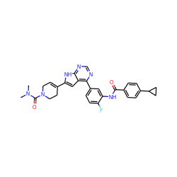 CN(C)C(=O)N1CC=C(c2cc3c(-c4ccc(F)c(NC(=O)c5ccc(C6CC6)cc5)c4)ncnc3[nH]2)CC1 ZINC000142908303