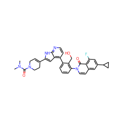 CN(C)C(=O)N1CC=C(c2cc3c(-c4cccc(-n5ccc6cc(C7CC7)cc(F)c6c5=O)c4CO)ccnc3[nH]2)CC1 ZINC001772638102