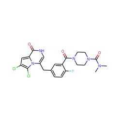 CN(C)C(=O)N1CCN(C(=O)c2cc(Cc3c[nH]c(=O)c4cc(Cl)c(Cl)n34)ccc2F)CC1 ZINC000045336569