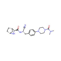 CN(C)C(=O)N1CCN(c2ccc(C[C@@H](C#N)NC(=O)[C@H]3N[C@@H]4CC[C@H]3C4)cc2)CC1 ZINC000221935085