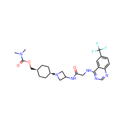 CN(C)C(=O)OC[C@H]1CC[C@@H](N2CC(NC(=O)CNc3ncnc4ccc(C(F)(F)F)cc34)C2)CC1 ZINC000261100470