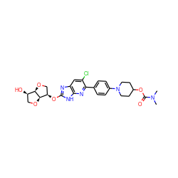 CN(C)C(=O)OC1CCN(c2ccc(-c3nc4[nH]c(O[C@@H]5CO[C@@H]6[C@H](O)CO[C@H]56)nc4cc3Cl)cc2)CC1 ZINC001772590916