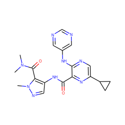 CN(C)C(=O)c1c(NC(=O)c2nc(C3CC3)cnc2Nc2cncnc2)cnn1C ZINC000169701777