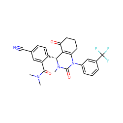 CN(C)C(=O)c1cc(C#N)ccc1[C@@H]1C2=C(CCCC2=O)N(c2cccc(C(F)(F)F)c2)C(=O)N1C ZINC001772601954