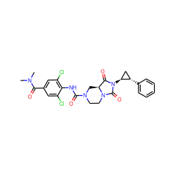 CN(C)C(=O)c1cc(Cl)c(NC(=O)N2CCN3C(=O)N([C@H]4C[C@@H]4c4ccccc4)C(=O)[C@@H]3C2)c(Cl)c1 ZINC000072106540