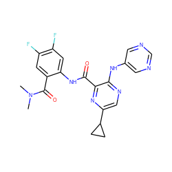 CN(C)C(=O)c1cc(F)c(F)cc1NC(=O)c1nc(C2CC2)cnc1Nc1cncnc1 ZINC000169701894