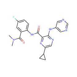 CN(C)C(=O)c1cc(F)ccc1NC(=O)c1nc(C2CC2)cnc1Nc1cncnc1 ZINC000169701908