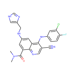 CN(C)C(=O)c1cc(NCc2c[nH]cn2)cc2c(Nc3ccc(F)c(Cl)c3)c(C#N)cnc12 ZINC000014977370