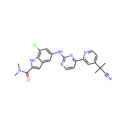 CN(C)C(=O)c1cc2cc(Nc3nccc(-c4cc(C(C)(C)C#N)ccn4)n3)cc(Cl)c2[nH]1 ZINC000144298934