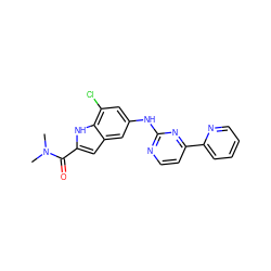 CN(C)C(=O)c1cc2cc(Nc3nccc(-c4ccccn4)n3)cc(Cl)c2[nH]1 ZINC000144253757