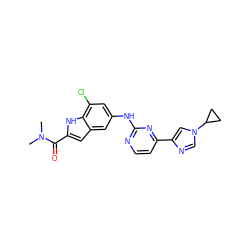 CN(C)C(=O)c1cc2cc(Nc3nccc(-c4cn(C5CC5)cn4)n3)cc(Cl)c2[nH]1 ZINC000205650917