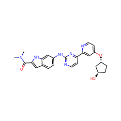 CN(C)C(=O)c1cc2ccc(Nc3nccc(-c4cc(O[C@@H]5CC[C@@H](O)C5)ccn4)n3)cc2[nH]1 ZINC000145316825