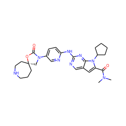 CN(C)C(=O)c1cc2cnc(Nc3ccc(N4C[C@@]5(CCCNCC5)OC4=O)cn3)nc2n1C1CCCC1 ZINC000118582305