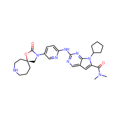 CN(C)C(=O)c1cc2cnc(Nc3ccc(N4C[C@]5(CCCNCC5)OC4=O)cn3)nc2n1C1CCCC1 ZINC000118588579