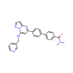 CN(C)C(=O)c1ccc(-c2ccc(-c3cc(NCc4cccnc4)n4nccc4n3)cc2)cc1 ZINC001772640565