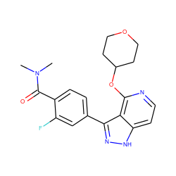 CN(C)C(=O)c1ccc(-c2n[nH]c3ccnc(OC4CCOCC4)c23)cc1F ZINC000114772076