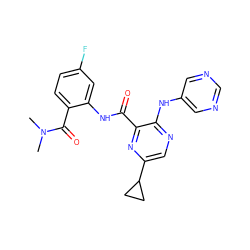 CN(C)C(=O)c1ccc(F)cc1NC(=O)c1nc(C2CC2)cnc1Nc1cncnc1 ZINC000169701904