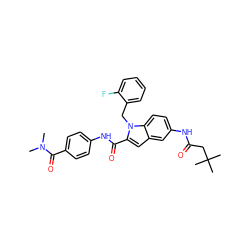 CN(C)C(=O)c1ccc(NC(=O)c2cc3cc(NC(=O)CC(C)(C)C)ccc3n2Cc2ccccc2F)cc1 ZINC000028524403