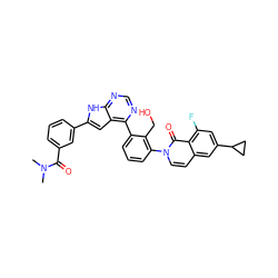 CN(C)C(=O)c1cccc(-c2cc3c(-c4cccc(-n5ccc6cc(C7CC7)cc(F)c6c5=O)c4CO)ncnc3[nH]2)c1 ZINC000299857804