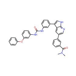 CN(C)C(=O)c1cccc(-c2cnc3[nH]cc(-c4cccc(NC(=O)Nc5cccc(Oc6ccccc6)c5)c4)c3c2)c1 ZINC000042988806