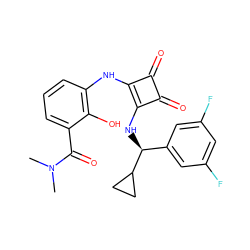 CN(C)C(=O)c1cccc(Nc2c(N[C@@H](c3cc(F)cc(F)c3)C3CC3)c(=O)c2=O)c1O ZINC000101135419