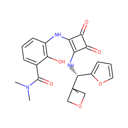 CN(C)C(=O)c1cccc(Nc2c(N[C@H](c3ccco3)C3(C)COC3)c(=O)c2=O)c1O ZINC000207353500