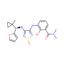 CN(C)C(=O)c1cccc(Nc2n[s+]([O-])nc2N[C@@H](c2ccco2)C2(C)CC2)c1O ZINC000253666587