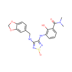 CN(C)C(=O)c1cccc(Nc2n[s+]([O-])nc2NCc2ccc3c(c2)OCO3)c1O ZINC000261125031