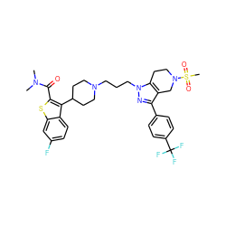 CN(C)C(=O)c1sc2cc(F)ccc2c1C1CCN(CCCn2nc(-c3ccc(C(F)(F)F)cc3)c3c2CCN(S(C)(=O)=O)C3)CC1 ZINC000028824395