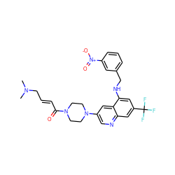 CN(C)C/C=C/C(=O)N1CCN(c2cnc3cc(C(F)(F)F)cc(NCc4cccc([N+](=O)[O-])c4)c3c2)CC1 ZINC000169322646