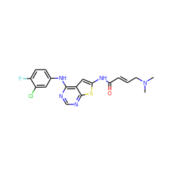 CN(C)C/C=C/C(=O)Nc1cc2c(Nc3ccc(F)c(Cl)c3)ncnc2s1 ZINC000169311829